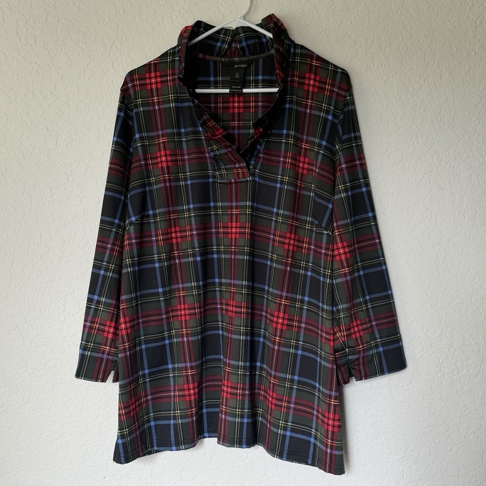 Ali Miles Tartan Plaid Ruffle Neck Tunic Top XL Holiday Festive Christmas Party
